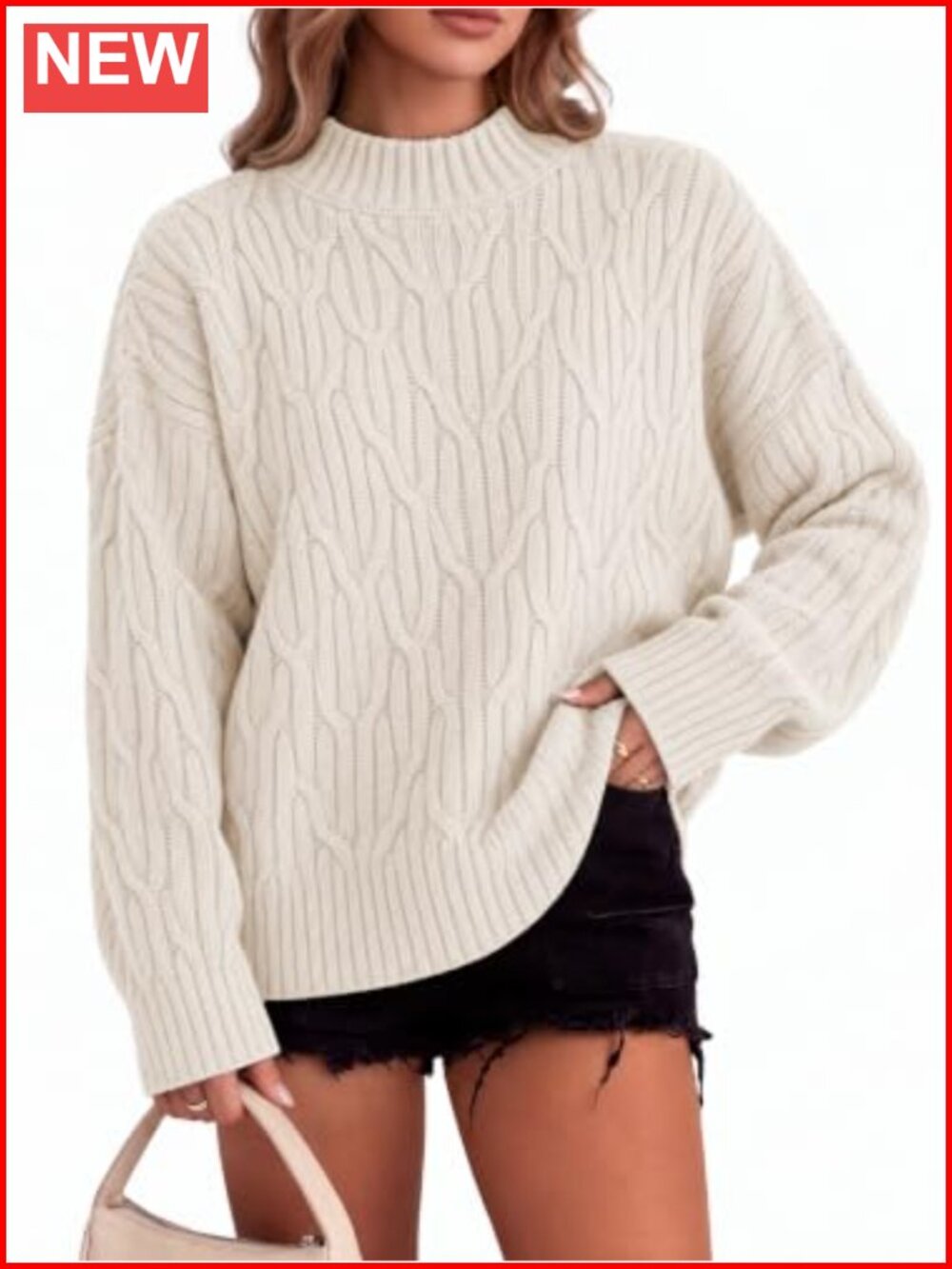 Oversized Cable Knit Mock Neck Pullover Sweater